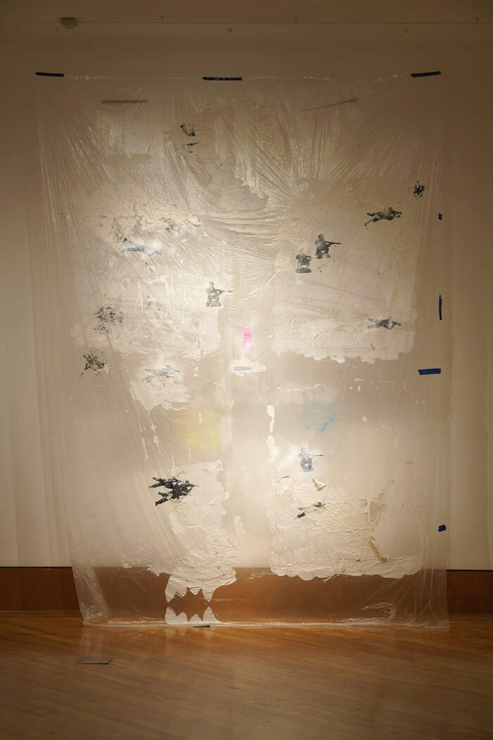‘Remnants Resurfaced in Genealogy’ 2023, Screen print, plastic, silicone, spray paint, tape 86 x 144 inches
