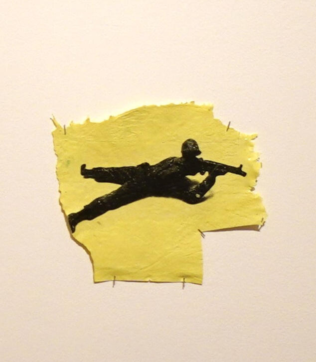 'A Play in the Park: Who Fired First' (close up) 2023, Xerox collagraph on paper, silicone, acrylic, image transfer, Dimensions Variable