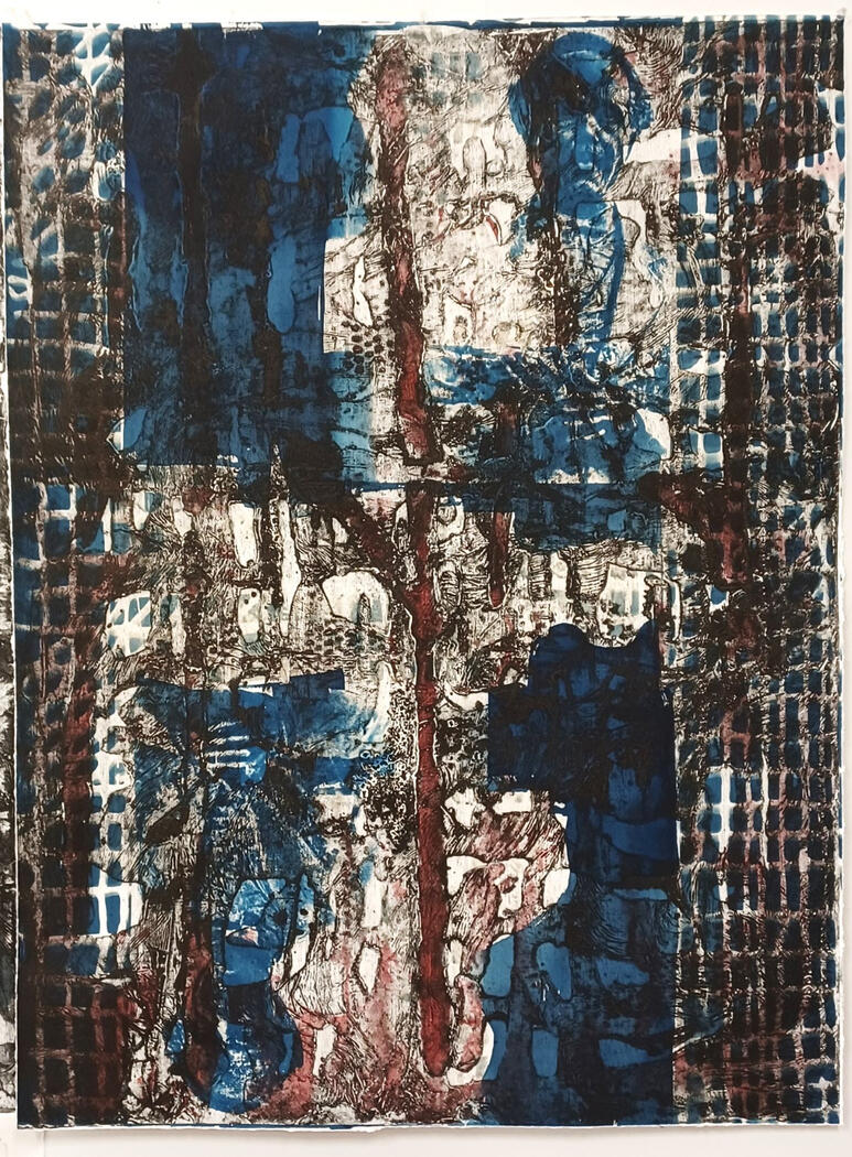 'What Lays Beneath Insists To Be En Route Via #70', 80x30" mixed media on paper
